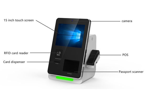 Hotel swalayan dalam ruangan check-in dan kios pemindai paspor dengan dispenser kartu RF